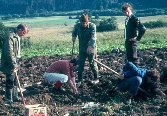 Beginn der Ausgrabungen in Berndorf 1971: links Ewald Kimpel +, daneben gebckt: Gnther Hain, Stehend: Adam und Rolf Tuber. 