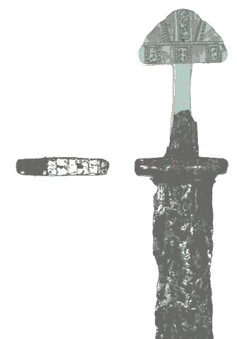 Oberteil des Schwertes aus Grab 20, das beim Erweitern der Baugrube teilweise zerstört wurde. Teile davon wurden noch aus dem Aushub geborgen. Der fehlende Knauf wurde nach einem Schwert aus der Themse ergänzt.